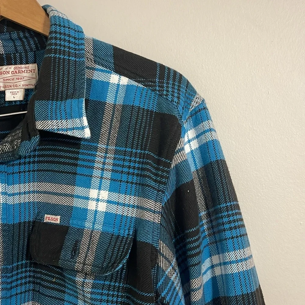 FILSON VINTAGE FLANNEL WORK SHIRT BLUE/BLACK/MULTI PLAID Large